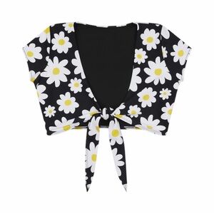 Lazy Oaf Field of Daisies Black and White Floral Tie Front Bikini Top